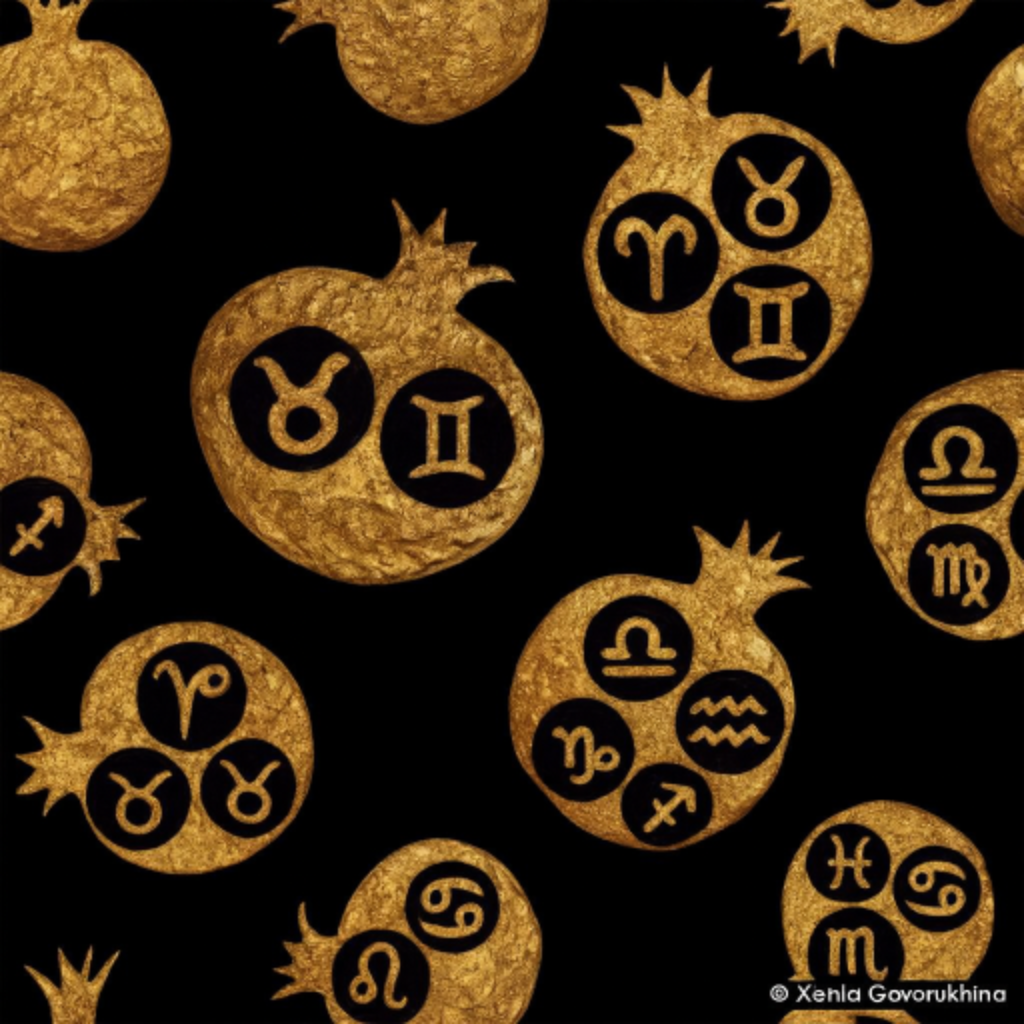 The 12 Vedic zodiac signs represented inside golden pomegranates