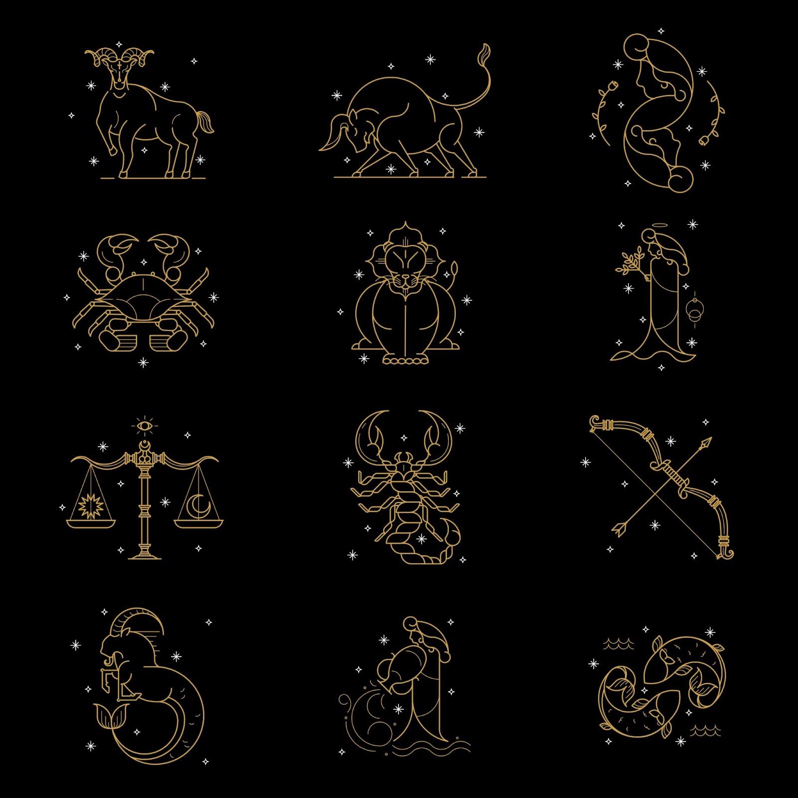 Gold minimalist illustrations of all twelve zodiac signs displayed in a 3×4 grid on a black background, representing key symbols used in astrology