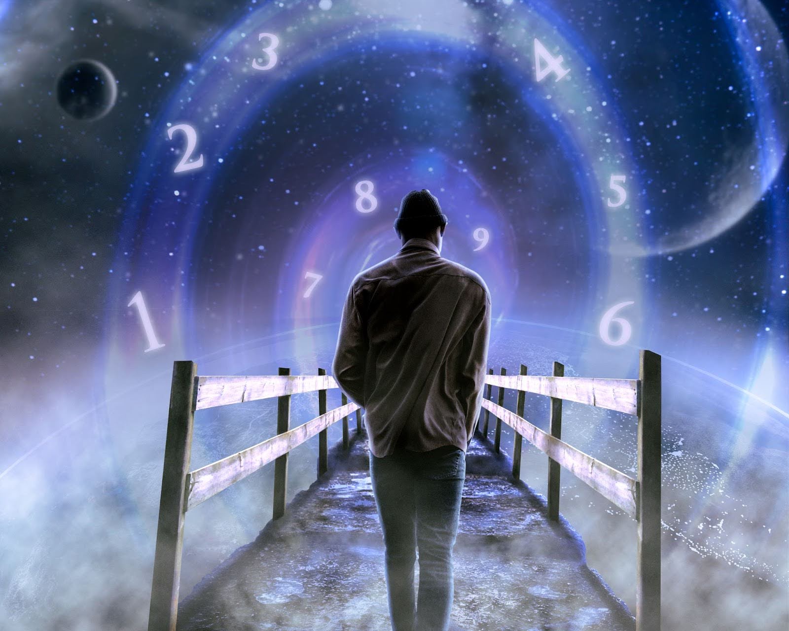 Person walking on a wooden bridge toward a swirling cosmic portal with numbers floating in the sky, symbolising movement, courage and the journey of the third house in Vedic astrology