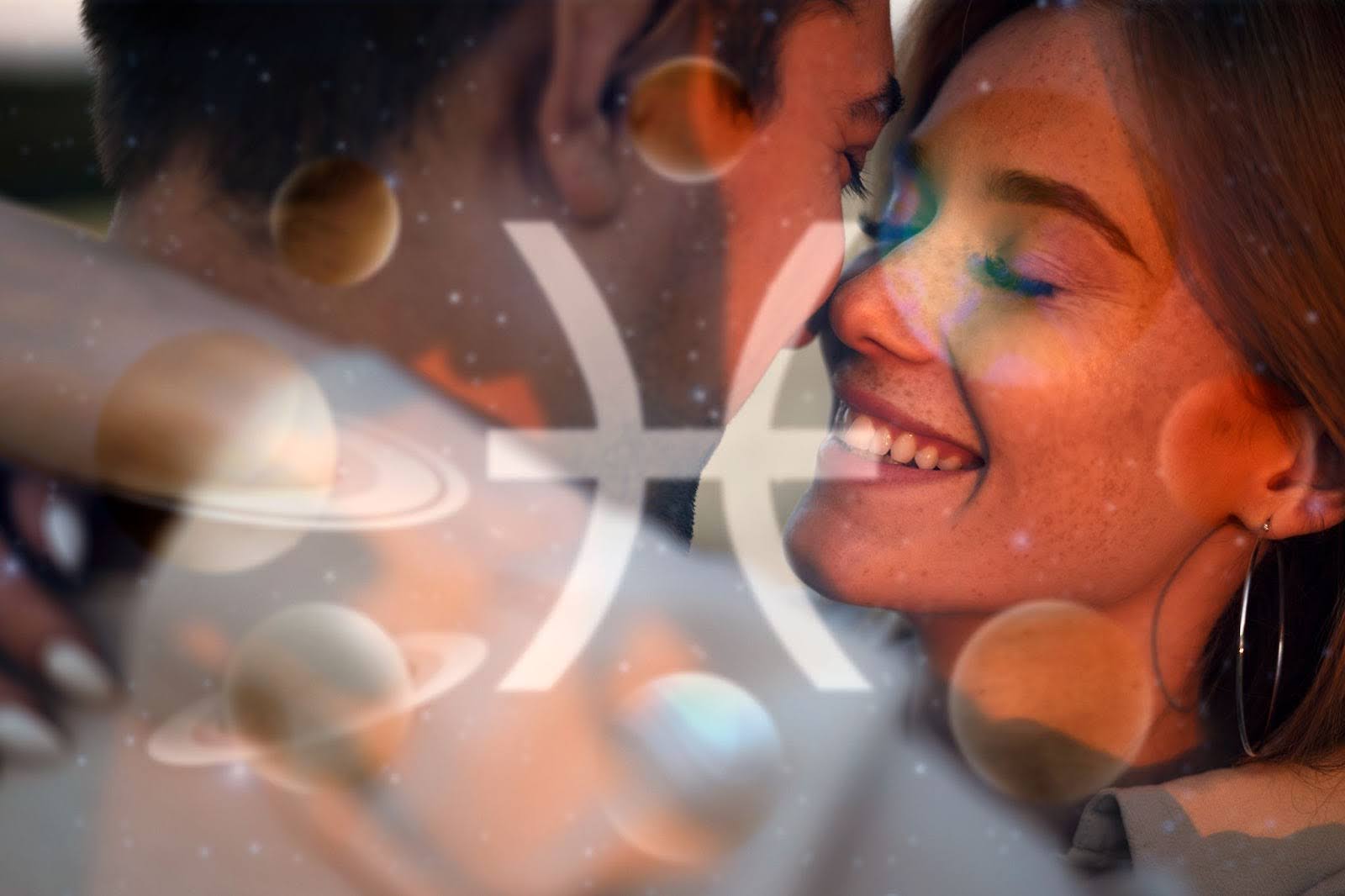 Intimate couple smiling face to face with cosmic planets and Pisces zodiac symbol, representing emotional zodiac compatibility and romantic astrology.