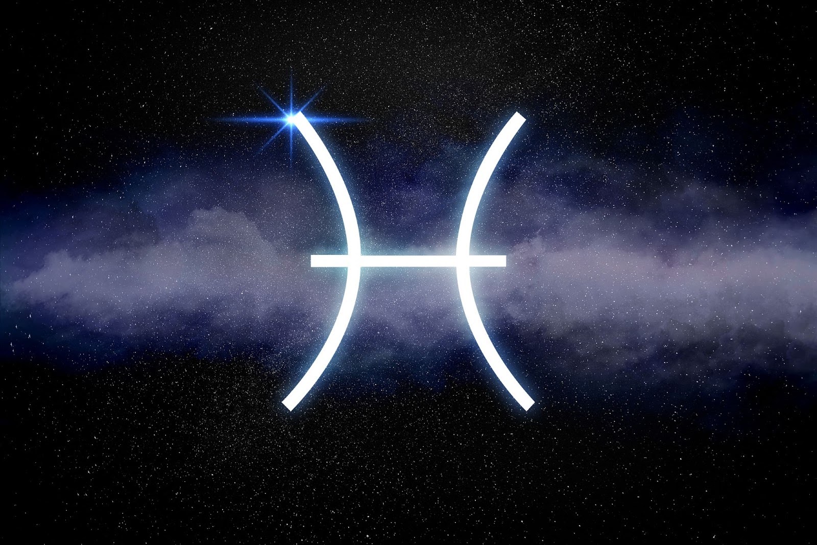 Bright Pisces zodiac symbol surrounded by purple clouds and stars, representing dreamy romance, intuition, and emotional connection on Valentine’s Day.