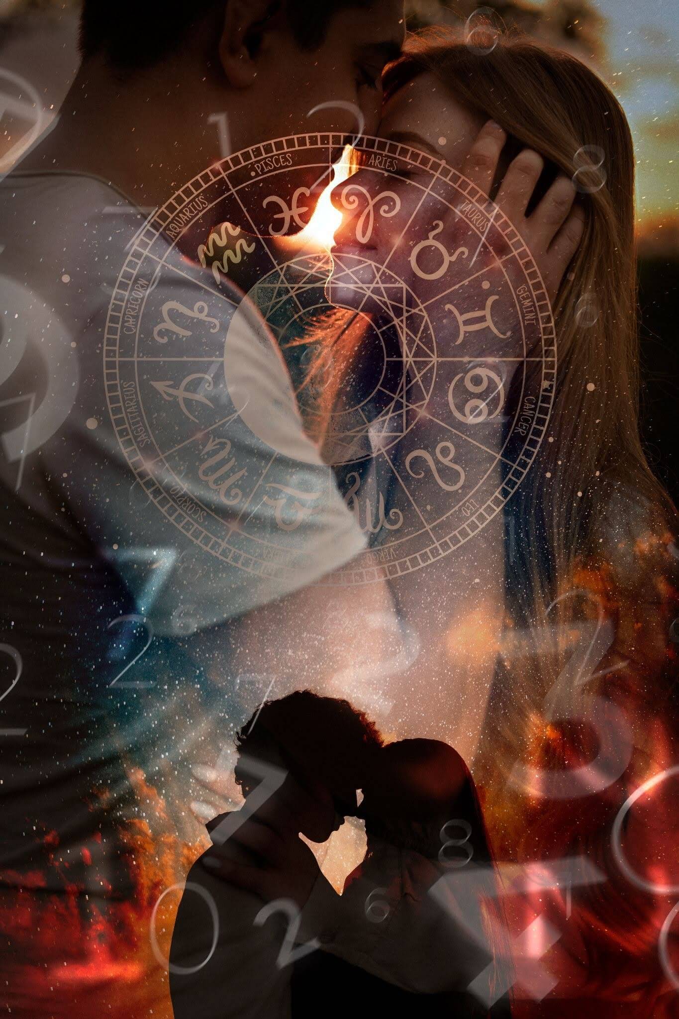 Couple with a zodiac wheel overlay illustrating zodiac signs in love and astrology compatibility