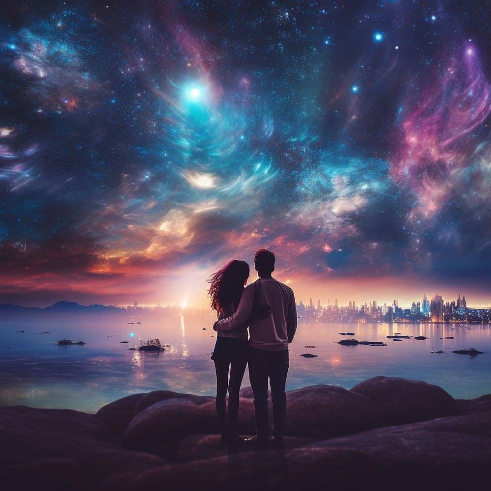 Romantic couple embracing under a starry sky representing zodiac signs in love and cosmic connection