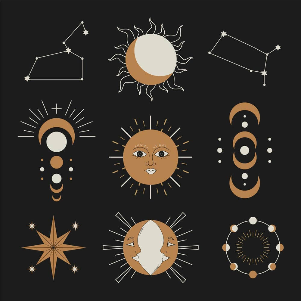 Astrology illustration of the Sun, Moon phases, and zodiac signs for finding the best career for each moon sign