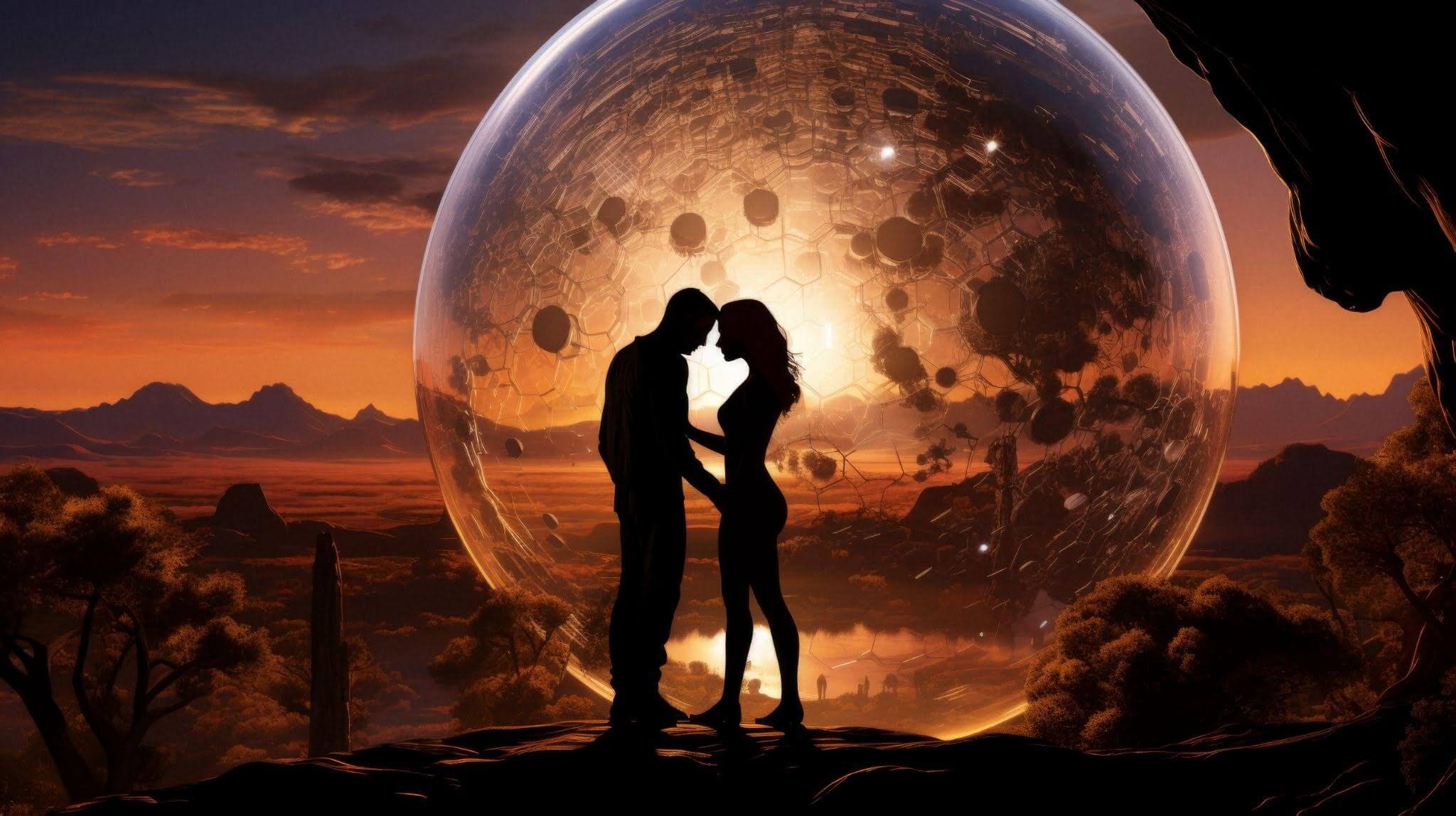 Romantic couple representing zodiac signs compatibility and cosmic relationship connection