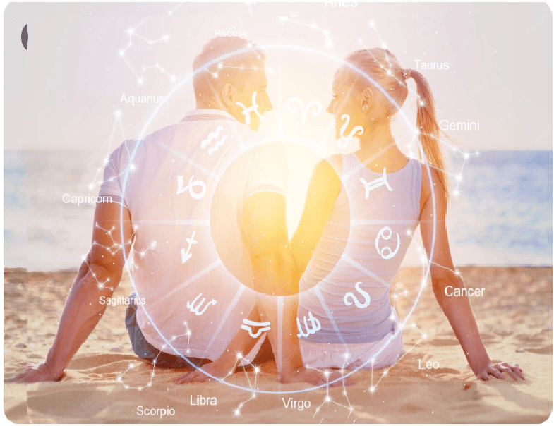 Couple surrounded by zodiac signs representing love and zodiac signs compatibility